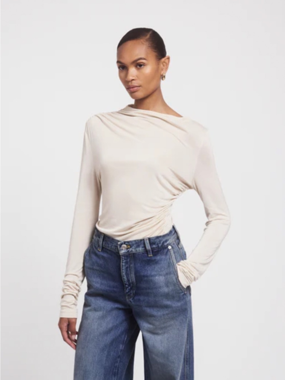 Ruched Asymmetric Long Sleeve Top in Light Beige